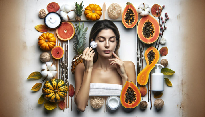 Woman getting an antiaging peel on the face surrounded by fruits that have exfoliating enzymes