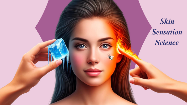 woman holding ice cube and fire to face to illustrate skin sensations