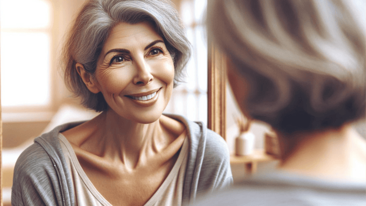 AI generated Woman looking at self in mirror after using retinol
