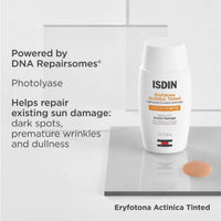 A white bottle of ISDIN Eryfotona Actinica Tinted Lightweight Emulsion Sunscreen SPF 50, skin type solutions DNA repairsomes