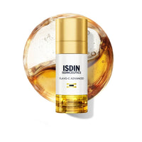 ISDIN ISDINCEUTICS FLAVO-C ADVANCED skincare serum bottle with a white body, gold cap, and golden liquid visible in the clear base, on a white background. Skin type solutions with swatch