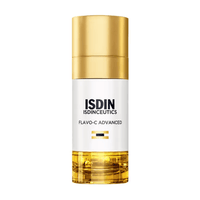 ISDIN ISDINCEUTICS FLAVO-C ADVANCED skincare serum bottle with a white body, gold cap, and golden liquid visible in the clear base, on a white background. Skin type solutions