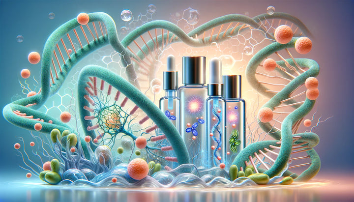 skin care prodcuts surrounded by images of DNA and mitochondria