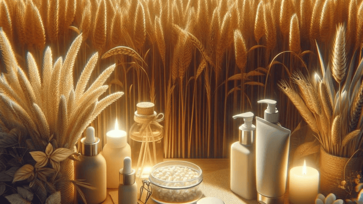 A wheat field with skincare products