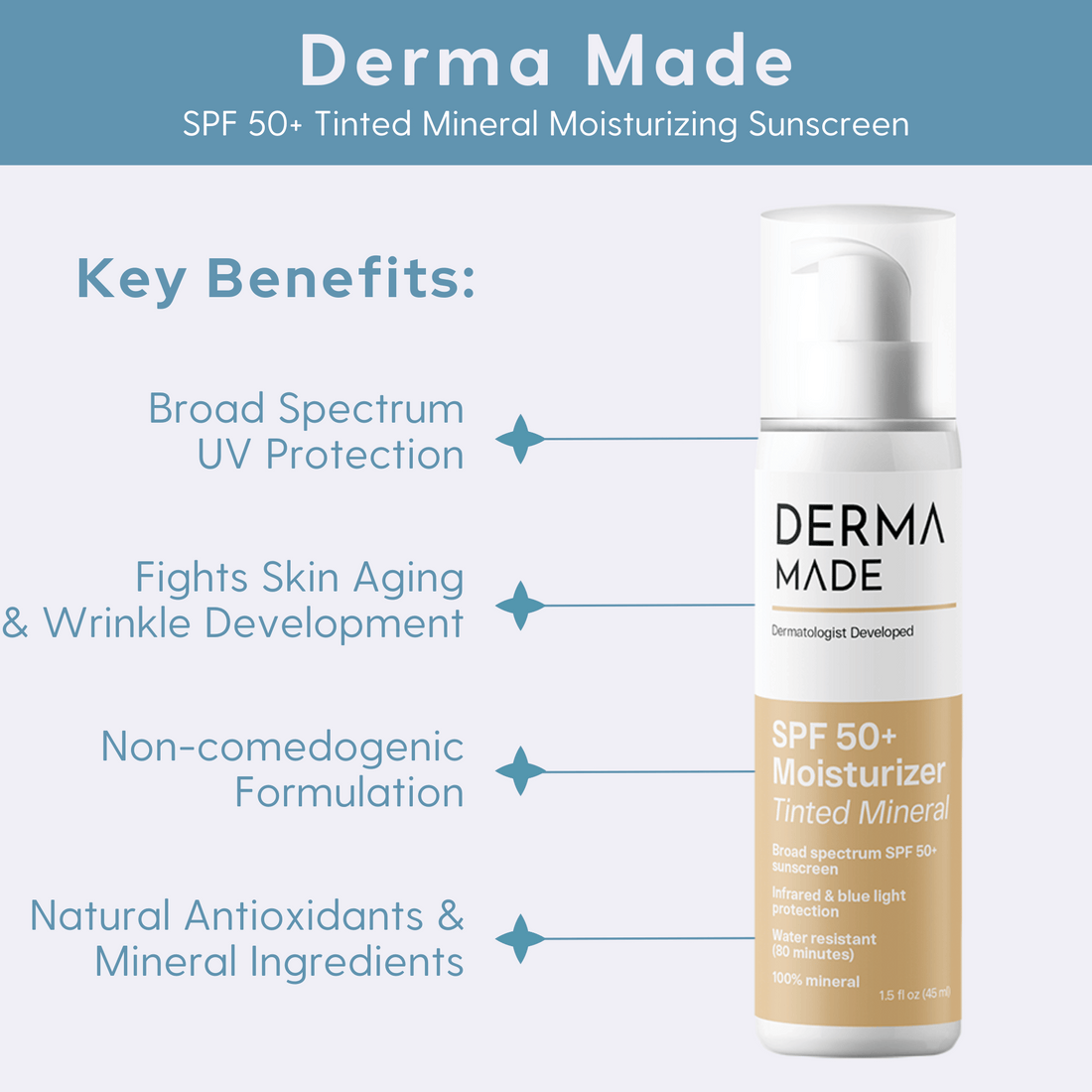 Derma Made SPF 50+ tinted mineral moisturizing sunscreen key benefits