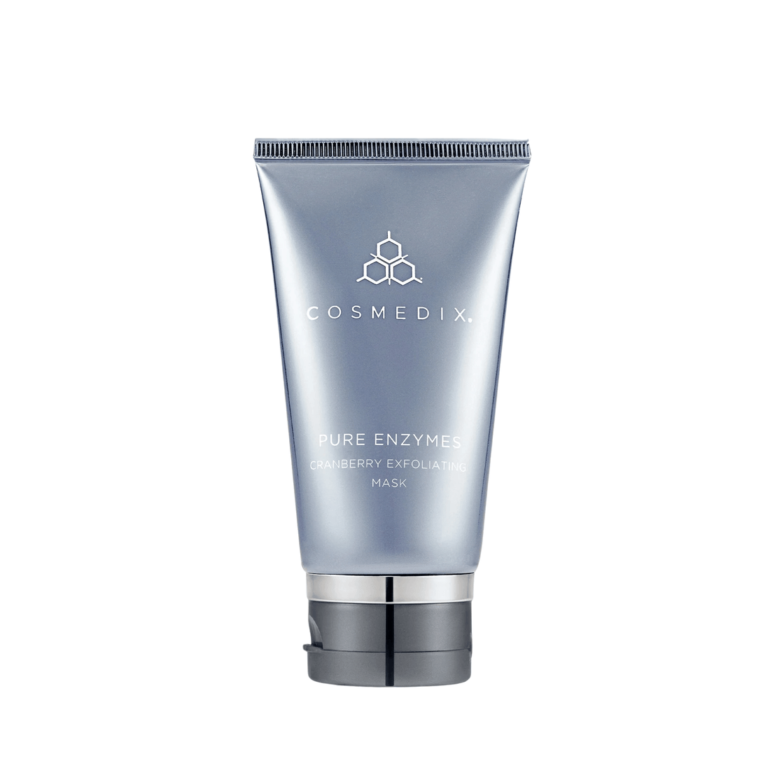 Cosmedix Pure Enzymes Cranberry Exfoliating Mask in a metallic silver squeeze tube with a dark gray cap, centered on a plain white background. at skin type solutions