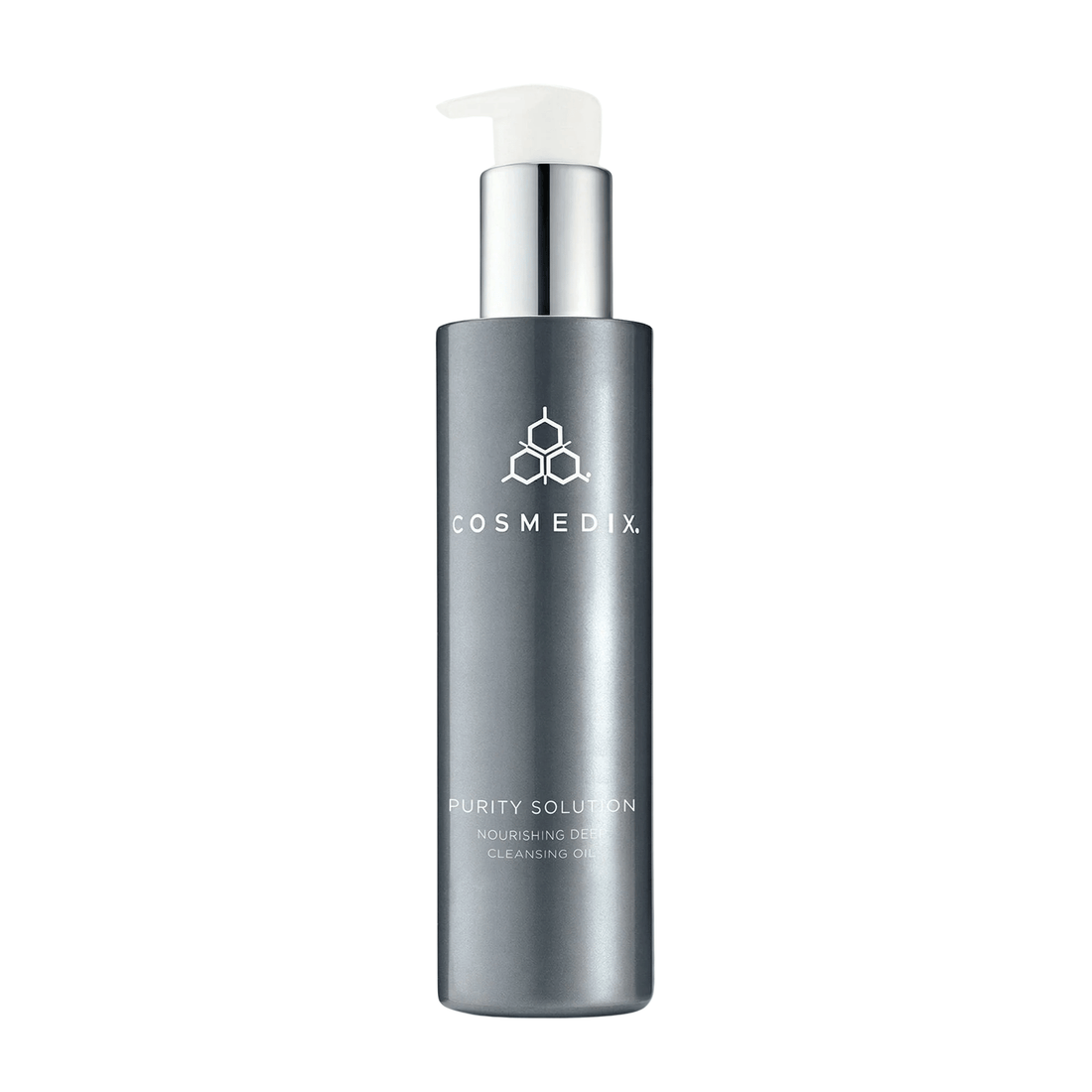 COSMEDIX Purity Solution Nourishing Cleansing Oil in a tall, metallic silver pump bottle with a white pump dispenser, shown against a plain white background. at skin type solutions