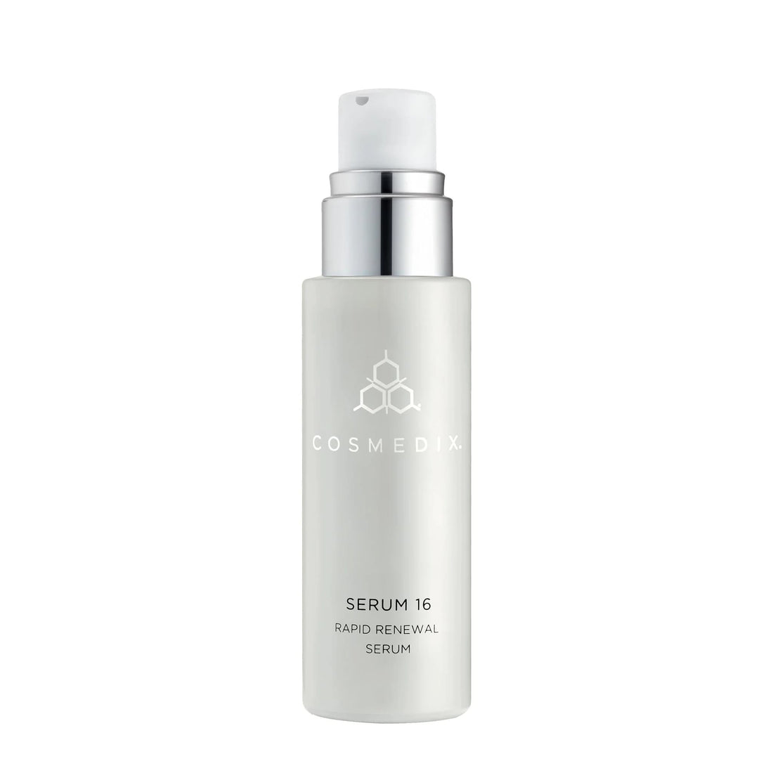 COSMEDIX Serum 16 Rapid Renewal Serum in a frosted white cylindrical bottle with a silver pump dispenser and white cap, shown on a plain white background. Skin Type Solutions