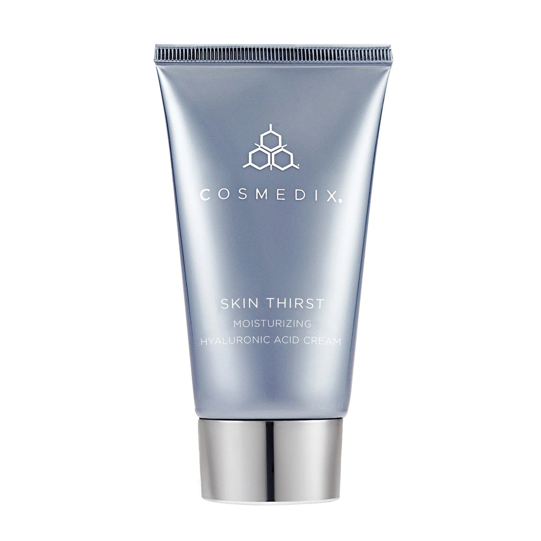 Cosmedix Skin Thirst Moisturizing Hyaluronic Acid Cream in a metallic silver squeeze tube with a reflective cap, shown on a plain white background. at skin type solutions