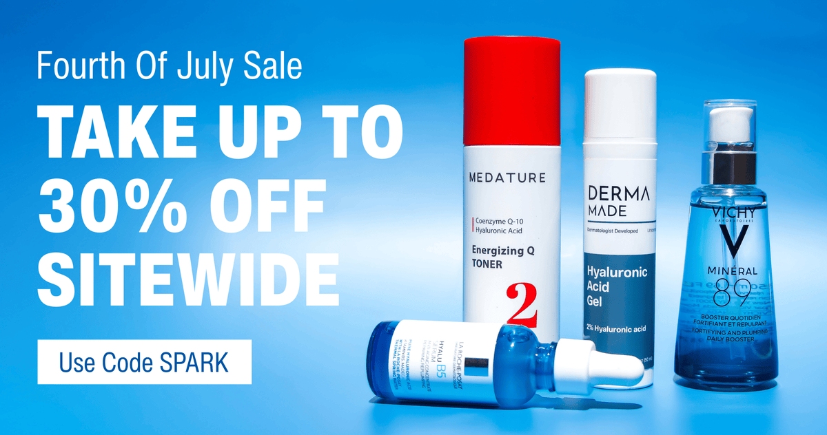 Promotional banner for a July sale showing several skincare products on a blue gradient background with large white text reading 'Fourth Of July Sale TAKE UP TO 30% OFF SITEWIDE' and 'Use Code SPARK'. Visible products include Medature Energizing Q Tower 2, Derma Made Hyaluronic Acid Gel, and a Vichy Minéral 89 bottle.