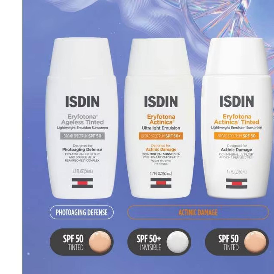 A white bottle of ISDIN Eryfotona Actinica Tinted Lightweight Emulsion Sunscreen SPF 50, skin type solutions features