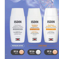 A white bottle of ISDIN Eryfotona Actinica Tinted Lightweight Emulsion Sunscreen SPF 50, skin type solutions features