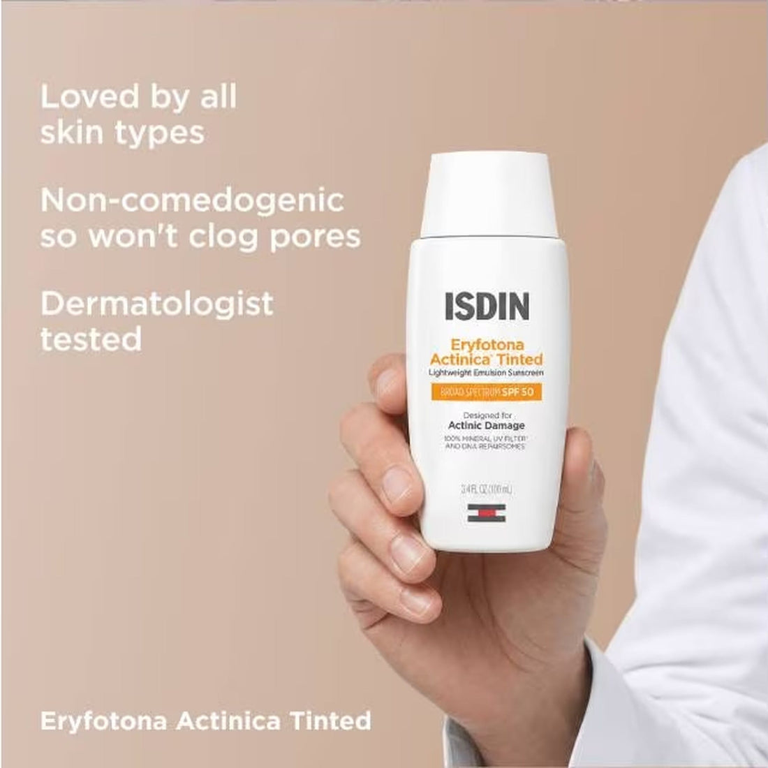 A white bottle of ISDIN Eryfotona Actinica Tinted Lightweight Emulsion Sunscreen SPF 50, skin type solutions key benefits