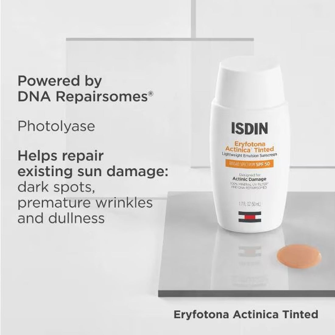 A white bottle of ISDIN Eryfotona Actinica Tinted Lightweight Emulsion Sunscreen SPF 50, skin type solutions DNA repairsomes