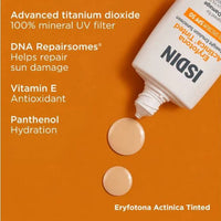 A white bottle of ISDIN Eryfotona Actinica Tinted Lightweight Emulsion Sunscreen SPF 50, skin type solutions key ingredients