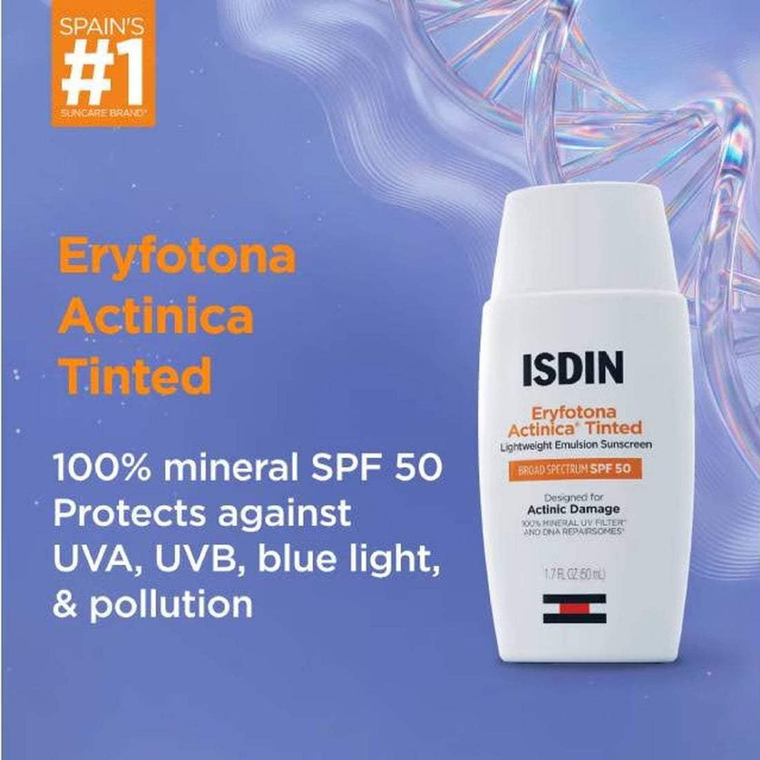 A white bottle of ISDIN Eryfotona Actinica Tinted Lightweight Emulsion Sunscreen SPF 50, skin type solutions key claim