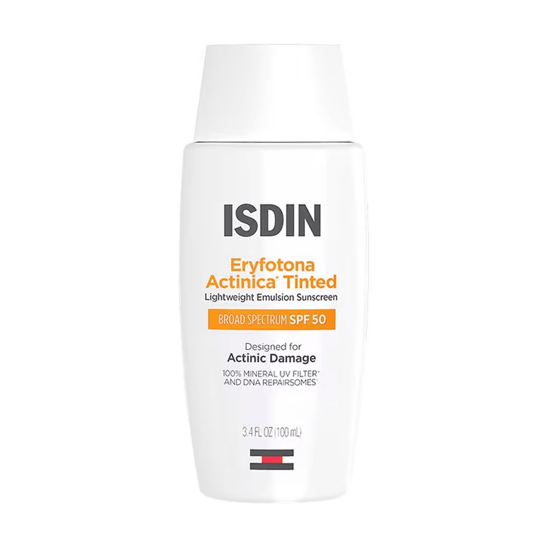 A white bottle of ISDIN Eryfotona Actinica Tinted Lightweight Emulsion Sunscreen SPF 50, skin type solutions