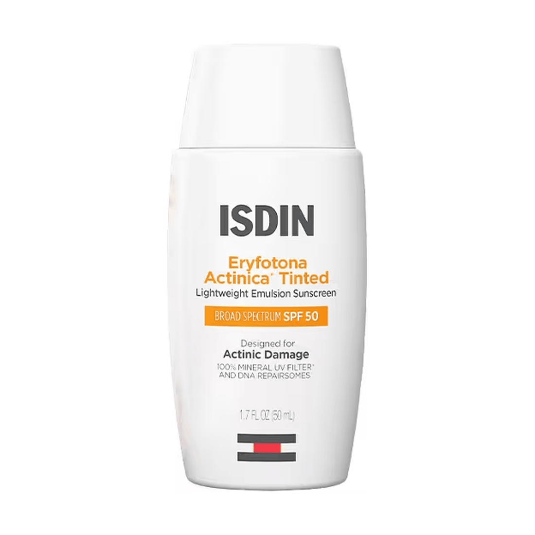 A white bottle of ISDIN Eryfotona Actinica Tinted Lightweight Emulsion Sunscreen SPF 50, skin type solutions