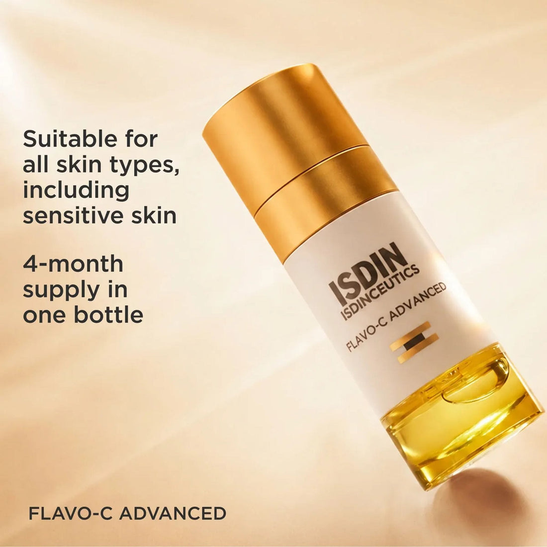 ISDIN ISDINCEUTICS FLAVO-C ADVANCED skincare serum bottle with a white body, gold cap, and golden liquid visible in the clear base, on a white background. Skin type solutions key features
