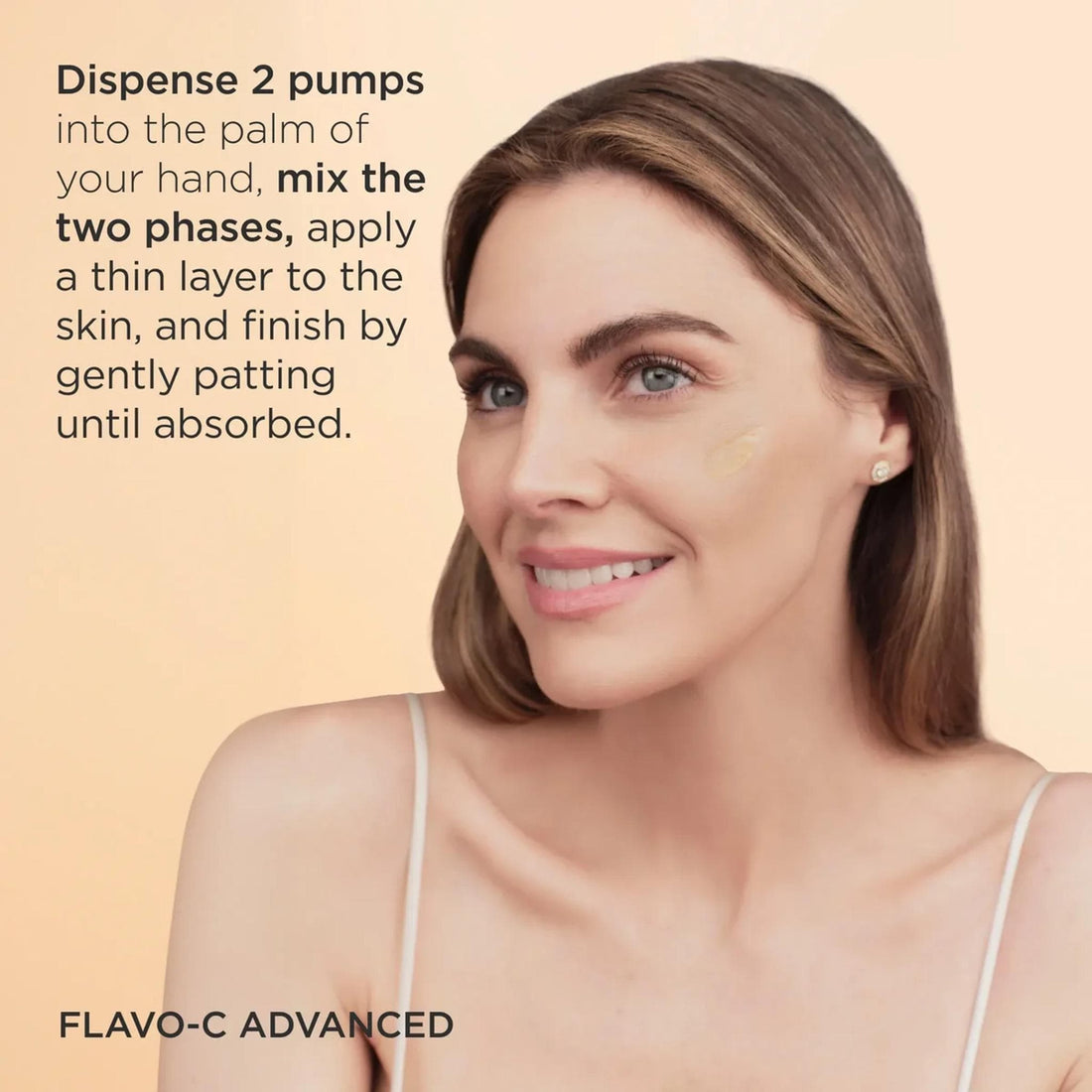 ISDIN ISDINCEUTICS FLAVO-C ADVANCED skincare serum bottle with a white body, gold cap, and golden liquid visible in the clear base, on a white background. Skin type solutions instructions