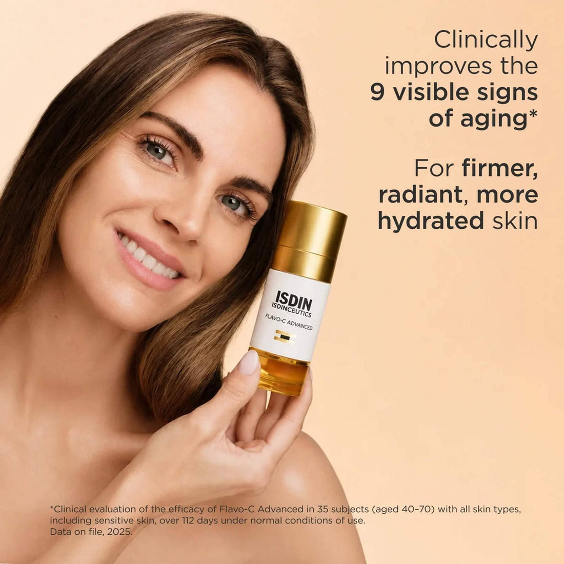 A smiling woman holds an ISDIN Rejuvenate Flavo-C Advanced skincare bottle against a warm beige background with promotional text about improving visible signs of aging. Skin type solutions