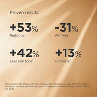 ISDIN ISDINCEUTICS FLAVO-C ADVANCED skincare serum bottle with a white body, gold cap, and golden liquid visible in the clear base, on a white background. Skin type solutions results