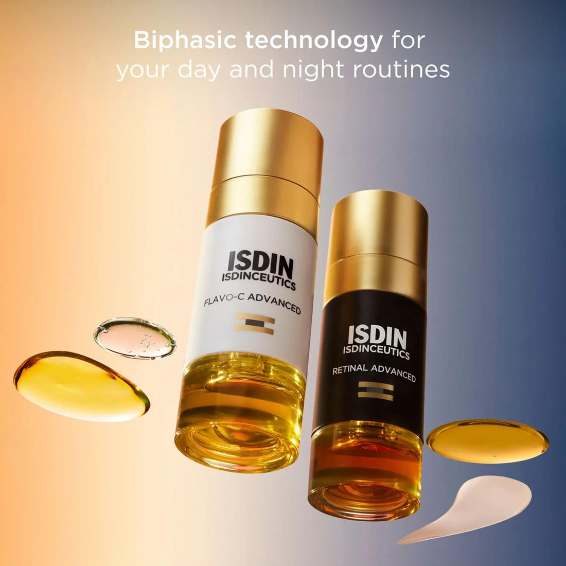 ISDIN ISDINCEUTICS FLAVO-C ADVANCED skincare serum bottle with a white body, gold cap, and golden liquid visible in the clear base, Skin type solutions