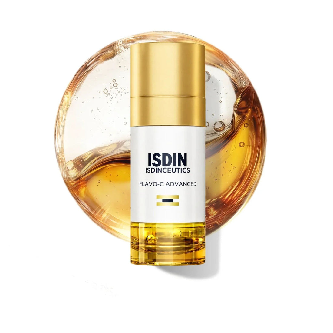 ISDIN ISDINCEUTICS FLAVO-C ADVANCED skincare serum bottle with a white body, gold cap, and golden liquid visible in the clear base, on a white background. Skin type solutions with swatch
