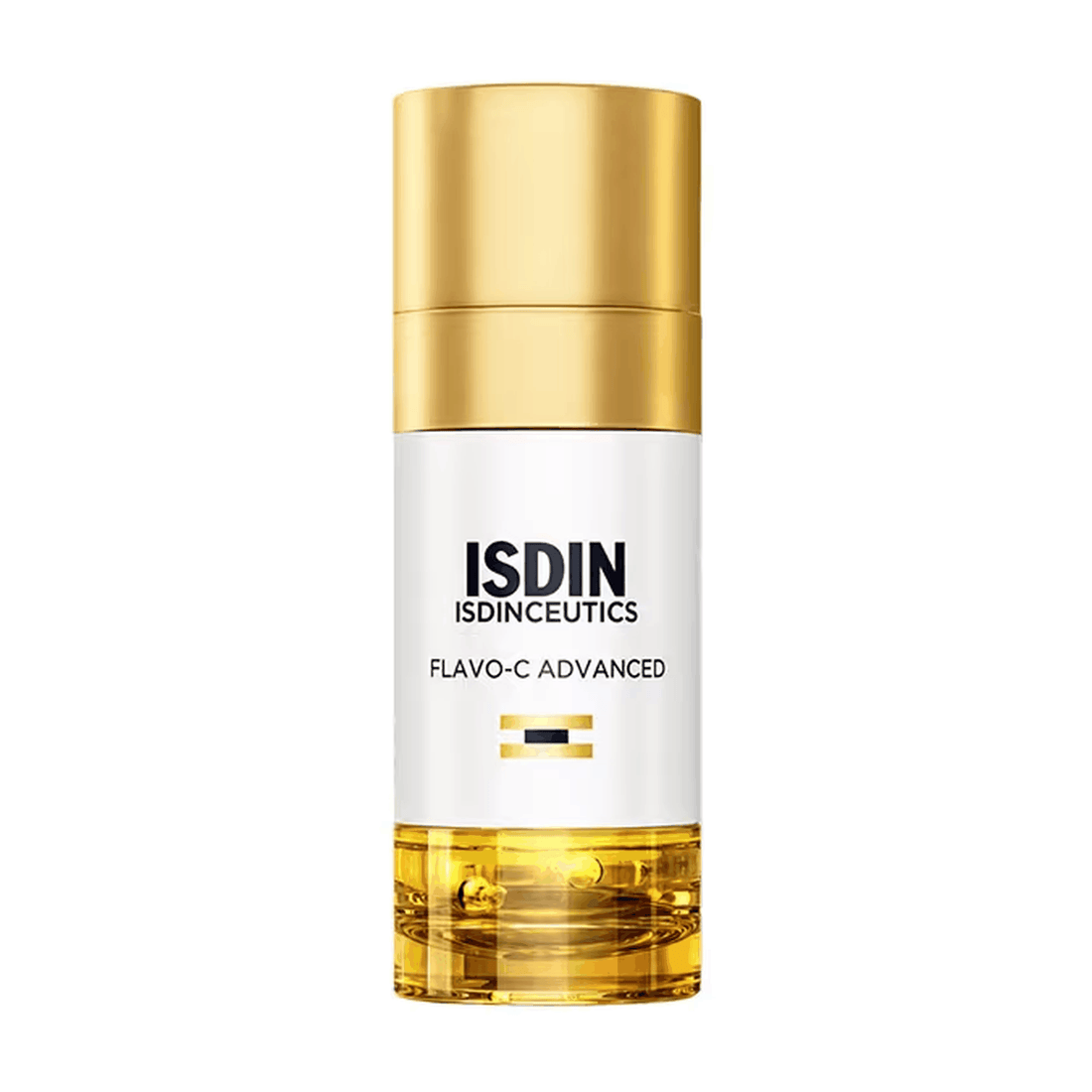 ISDIN ISDINCEUTICS FLAVO-C ADVANCED skincare serum bottle with a white body, gold cap, and golden liquid visible in the clear base, on a white background. Skin type solutions