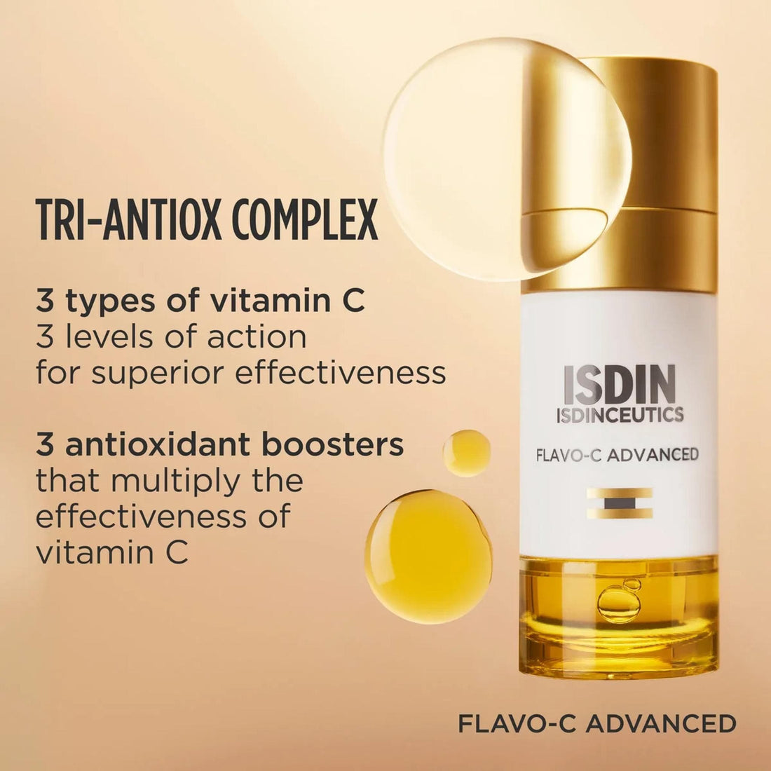 ISDIN ISDINCEUTICS FLAVO-C ADVANCED Tri-Antiox Complex serum bottle with gold and white packaging, set against a warm beige background with text and golden droplet graphics. Skin type solutions