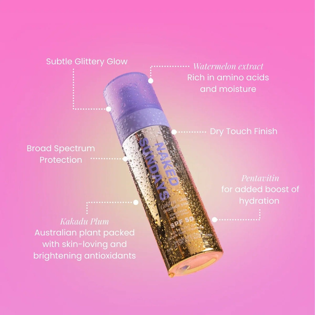 Naked Sundays Sunscreen 75ml 2.54 fl. oz Naked Sundays Golden Glow Shimmer Mist Setting Spray SPF50 - Skin Type Solutions