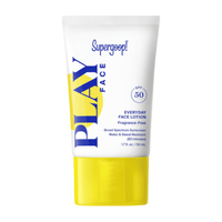 A 50 mL squeeze tube of Supergoep! PLAY FACE Everyday Face Lotion SPF 50, featuring a white body with blue text and a bright yellow cap and yellow graphic accent.