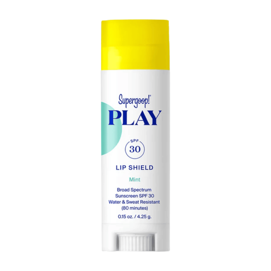 A single stick of SuperGoo! PLAY Lip Shield sunscreen with SPF 30 in Coconut scent, featuring a white body with blue text and a bright yellow cap, set against a plain white background. Skin type solutions mint