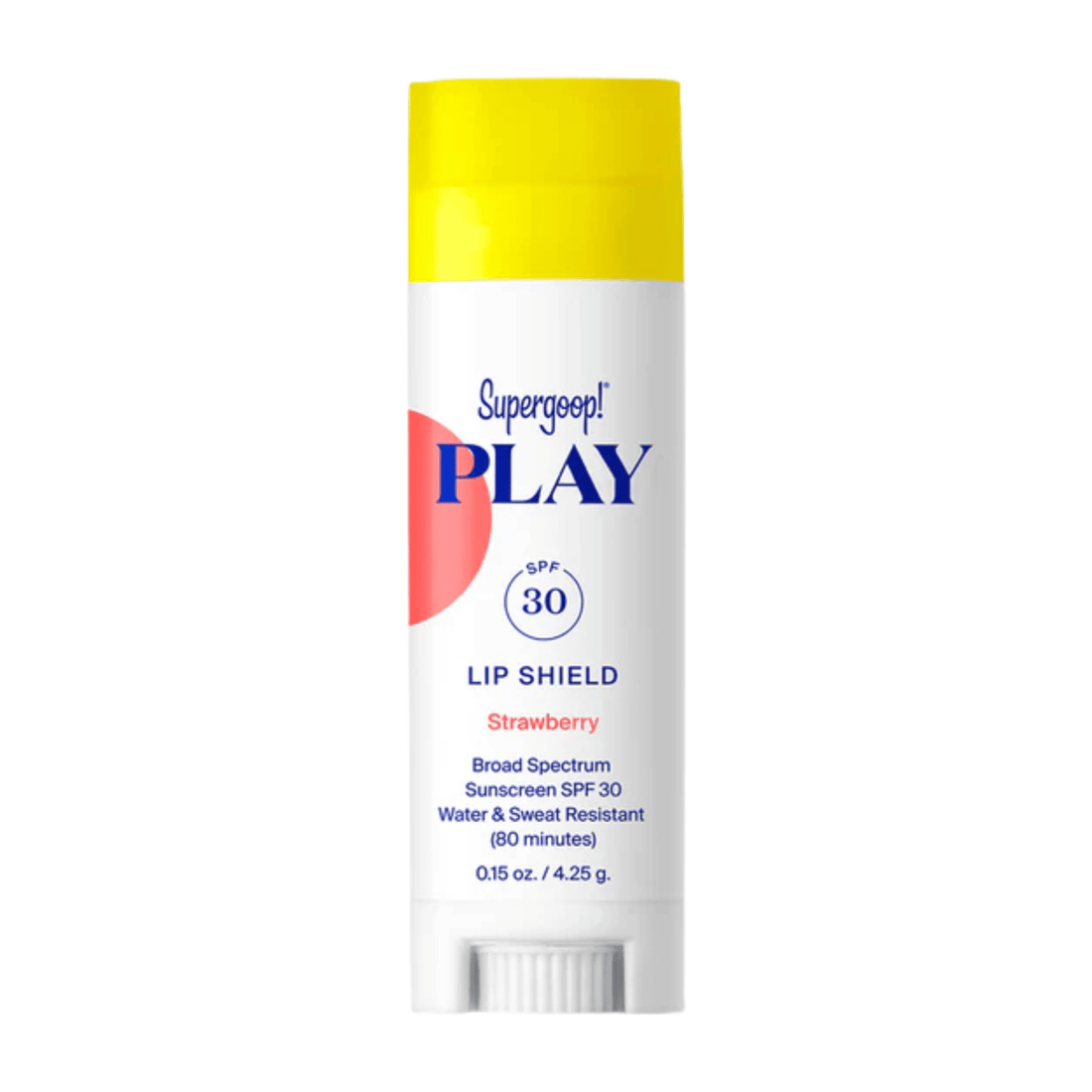 A single stick of SuperGoo! PLAY Lip Shield sunscreen with SPF 30 in Coconut scent, featuring a white body with blue text and a bright yellow cap, set against a plain white background. Skin type solutions Strawberry