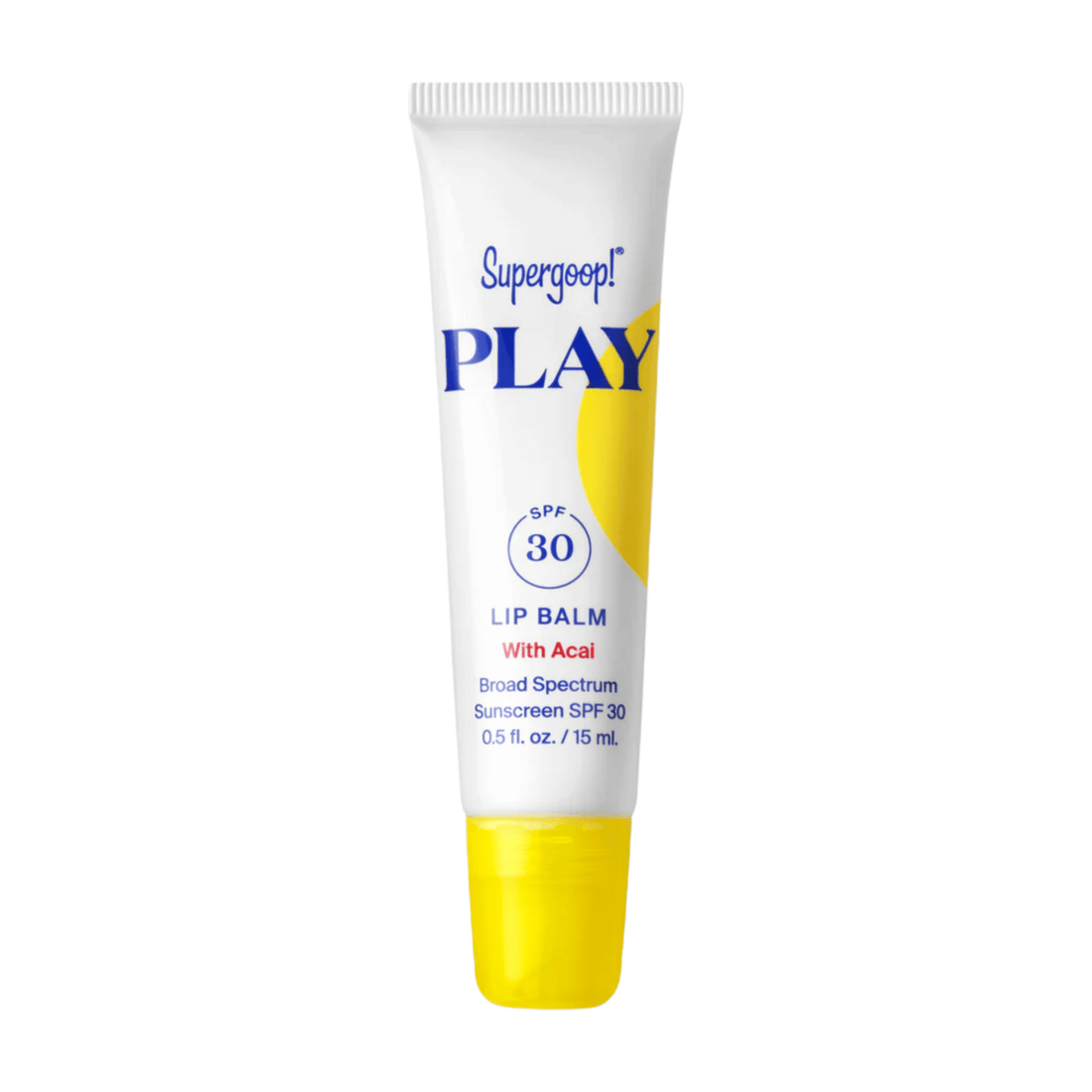 A tube of Supergoop! PLAY Lip Balm SPF 30 with a white body, blue lettering, and a bright yellow cap and graphic accent, shown on a plain white background. skin type solutions