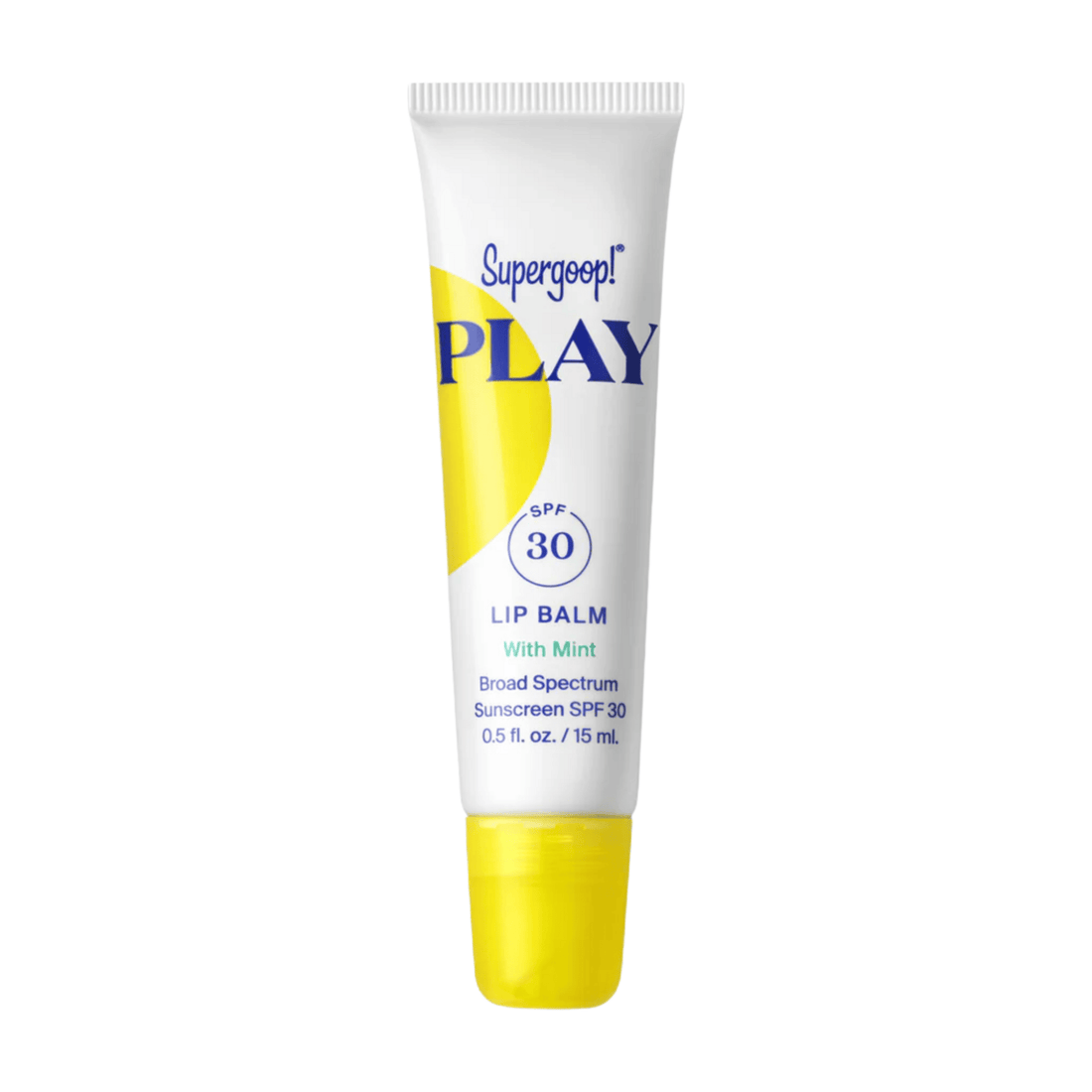 A tube of Supergeep PLAY Lip Balm with SPF 30, featuring a white body with a yellow graphic accent and a bright yellow cap, set against a plain white background. skin type solutions