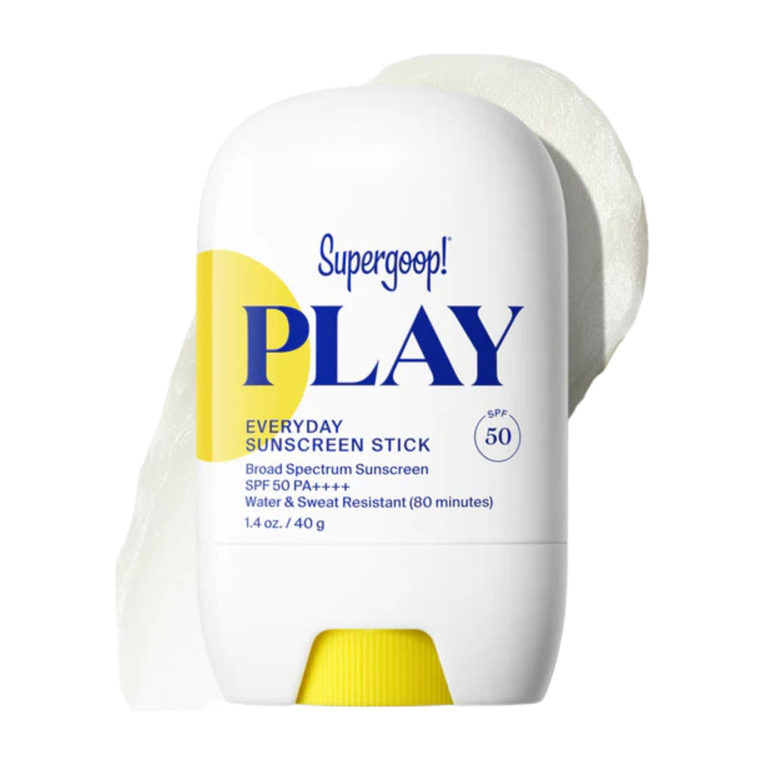 A white stick container of Supergooop! PLAY Everyday Sunscreen Stick with blue and yellow text and graphics, shown on a white background with a translucent white cap.