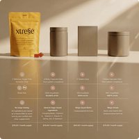 A yellow stand-up pouch of xtreSé Hair Growth Gummies with two red gummies placed compared to competition. at skin type solutions