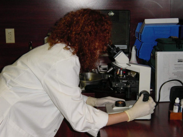 Dr. Baumann looking through a microscope