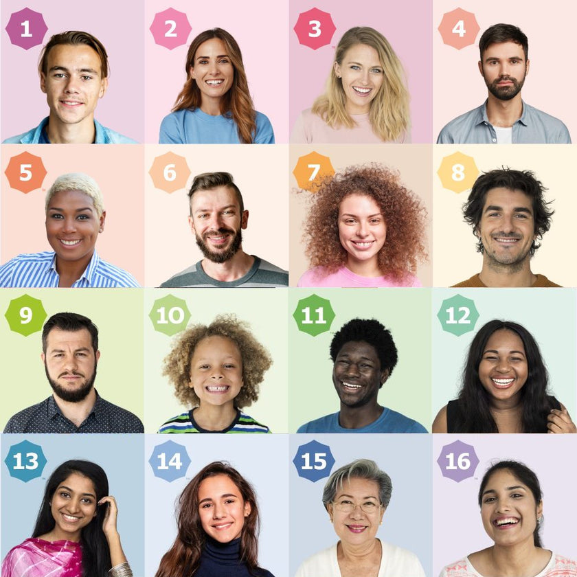 The 16 Baumann Skin Types, each shown with a real person